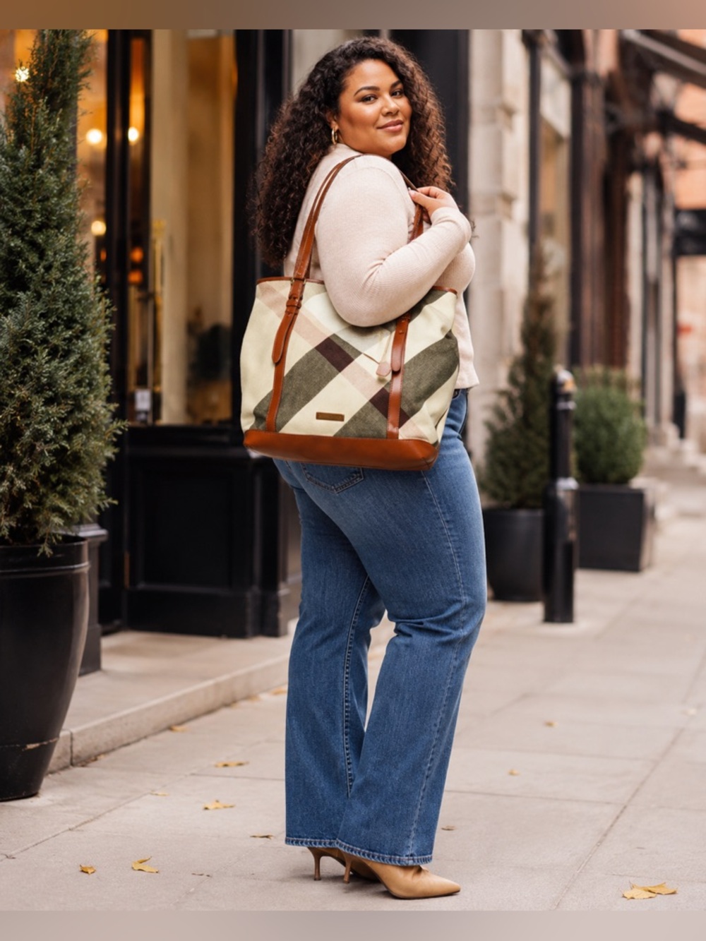 Burberry Mega Check Orton Large Tote Canvas Leather Authentic
